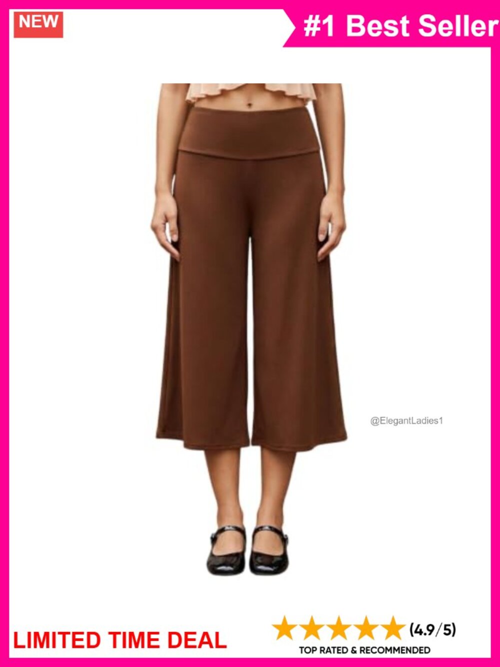 Women's Fold Over High Rise Gaucho Capri Pants Polyester Wide Leg Cropped Lounge